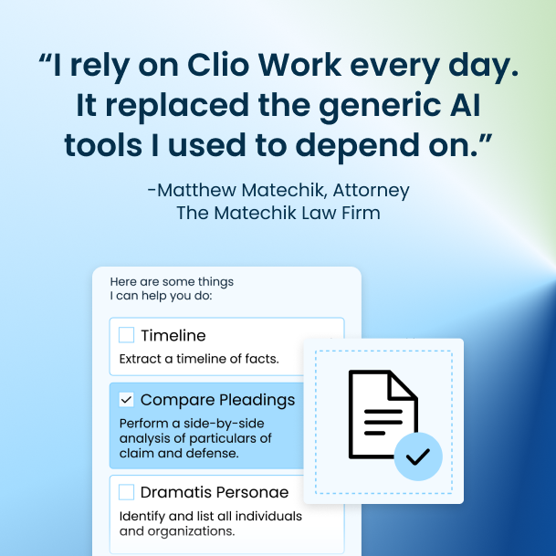Testimonial from client using Clio Work