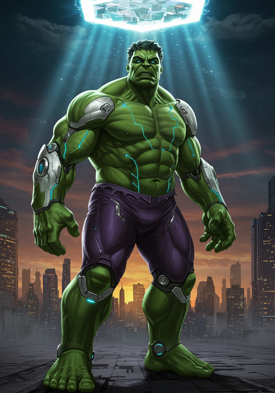 A muscular green superhero in purple pants and cybernetic armor stands in a futuristic city under a glowing energy source, comic art style.