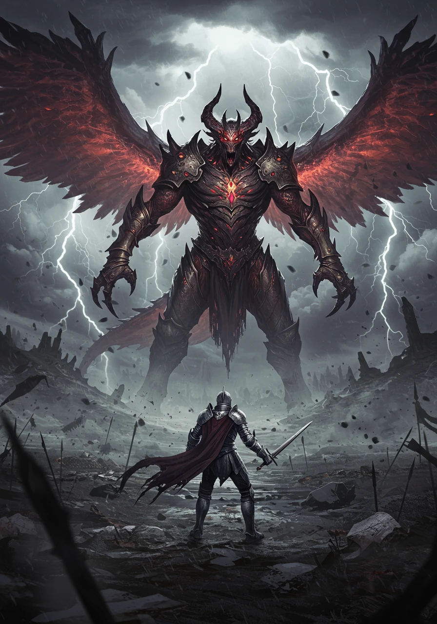 A lone knight confronts a massive horned demon with fiery wings on a desolate, stormy battlefield with lightning.
