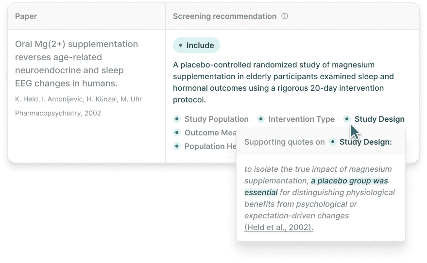 Elicit interface showing a screening recommendation for a magnesium study with extracted supporting quotes on study design