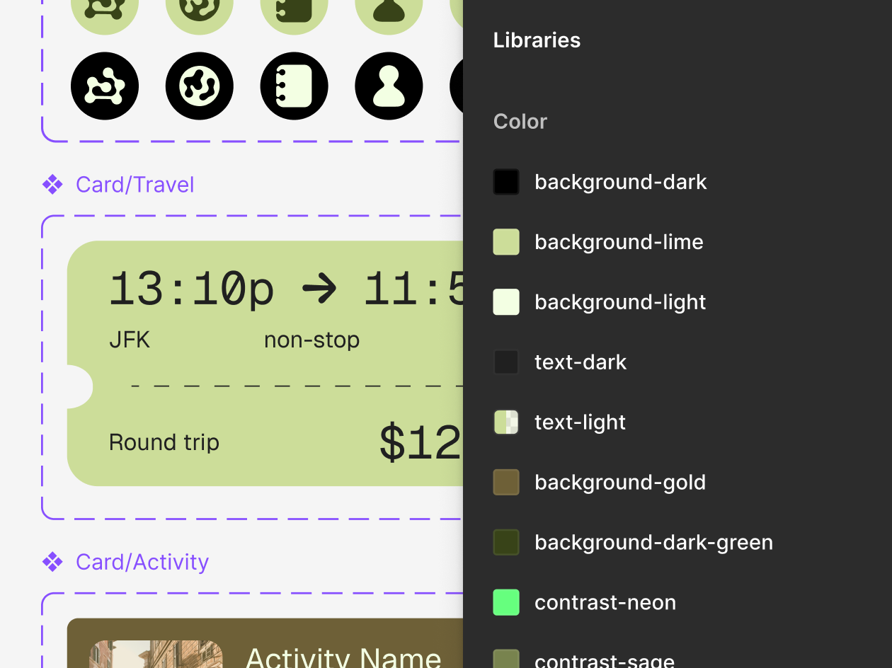 A UI design interface showing card components for a travel app. The left side displays icon sets and two card templates: a "Card/Travel" component showing a JFK flight (13:10p → 11:5, non-stop, Round trip $12) and a "Card/Activity" component below it. The right sidebar shows a color library with various background and text color options including dark, light, lime, gold, and neon variants.