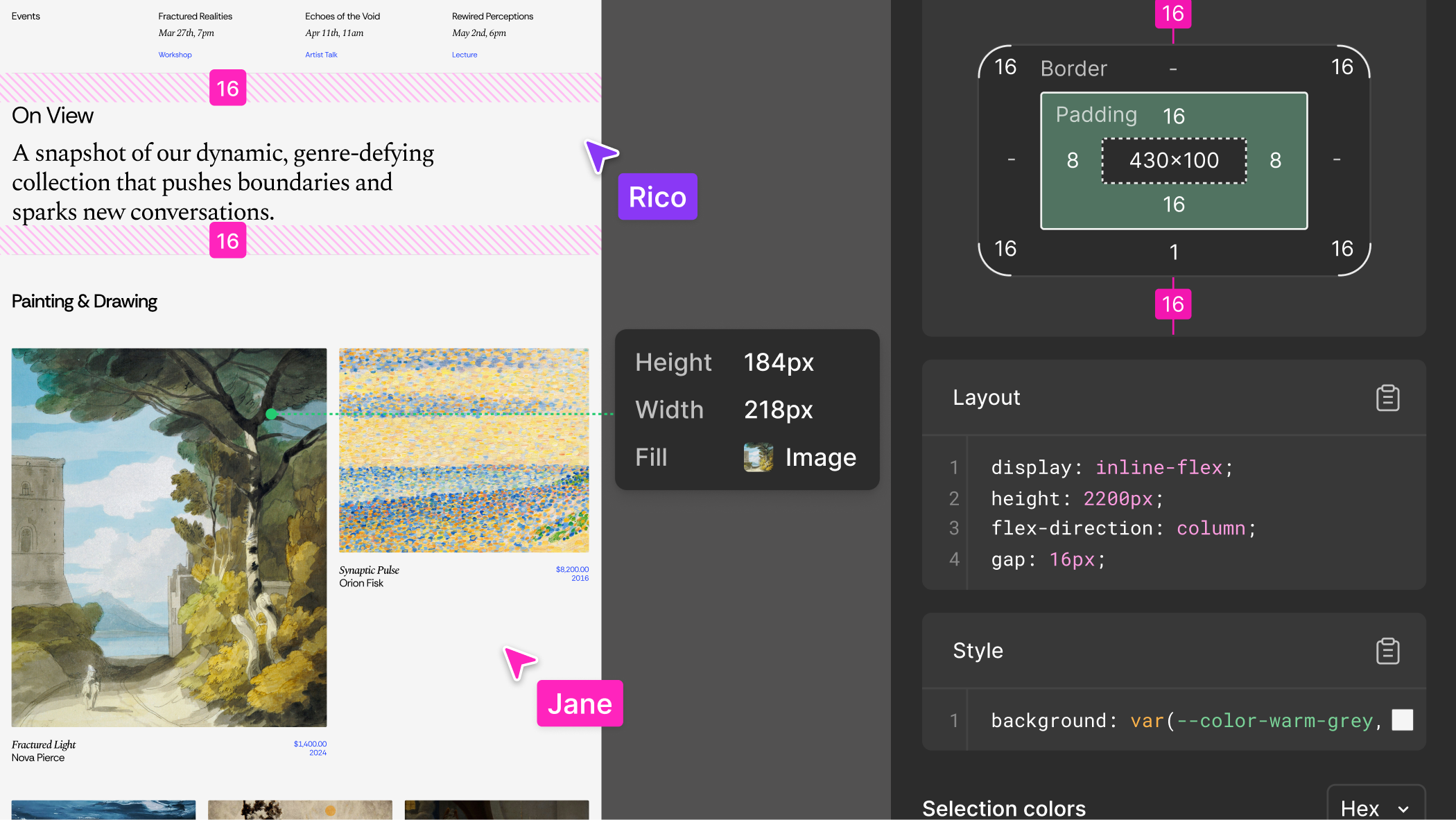 Screenshot of a web design interface showing a museum website with artwork displays on the left and a CSS development panel on the right. Pink cursors labeled "Rico" and "Jane" indicate multiple users collaborating on the design.