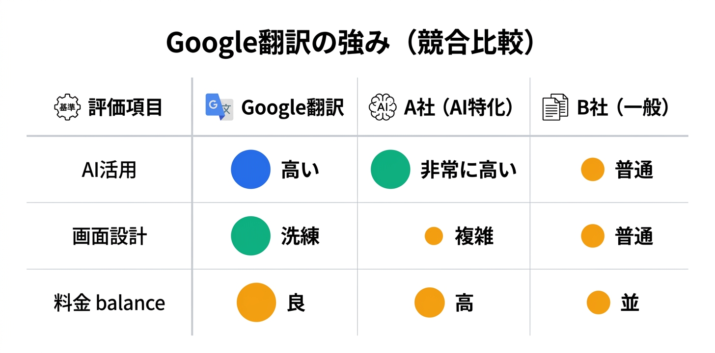 競合ツールとの比較におけるGoogle翻訳の位置づけ