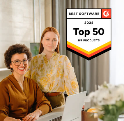 Greenhouse G2 Top 50 HR Products 2024 collage over image of coworkers sitting at table2x