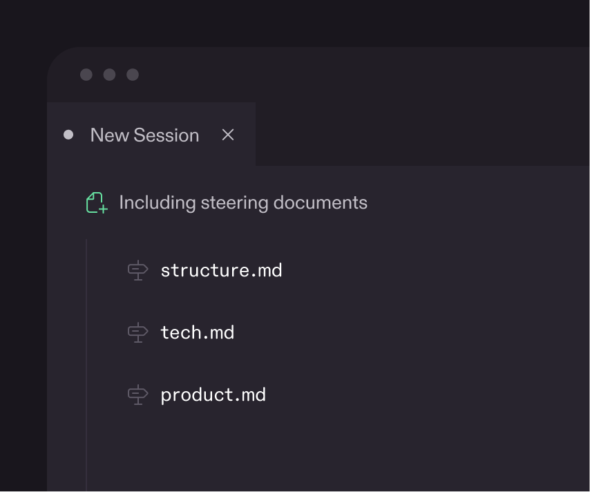 Kiro agent steering includes product, structure, and tech documents.