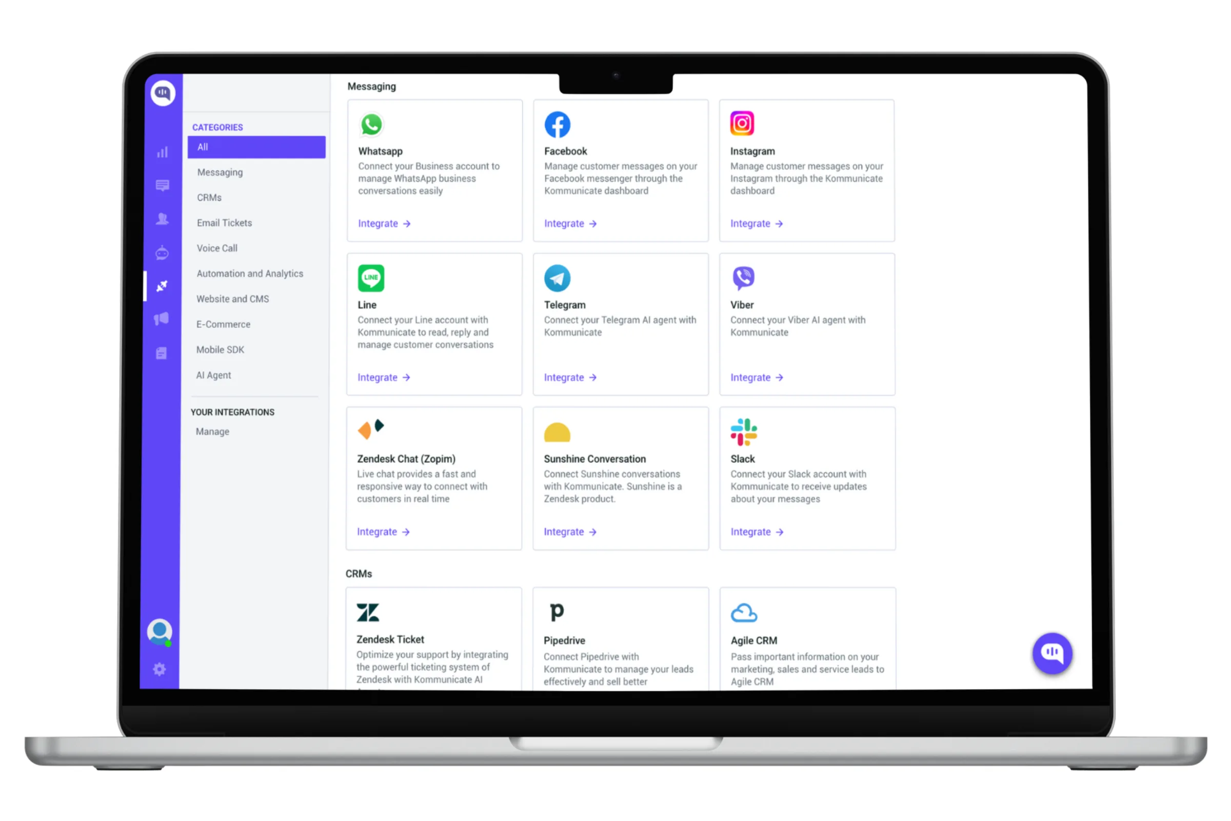Kommunicate integrations dashboard on a laptop screen, showing messaging integrations including WhatsApp, Facebook, Instagram, Line, Telegram, Viber, Zendesk Chat, Sunshine Conversation, and Slack, along with CRM integrations like Zendesk Ticket, Pipedrive, and Agile CRM, organized by categories in a sidebar.