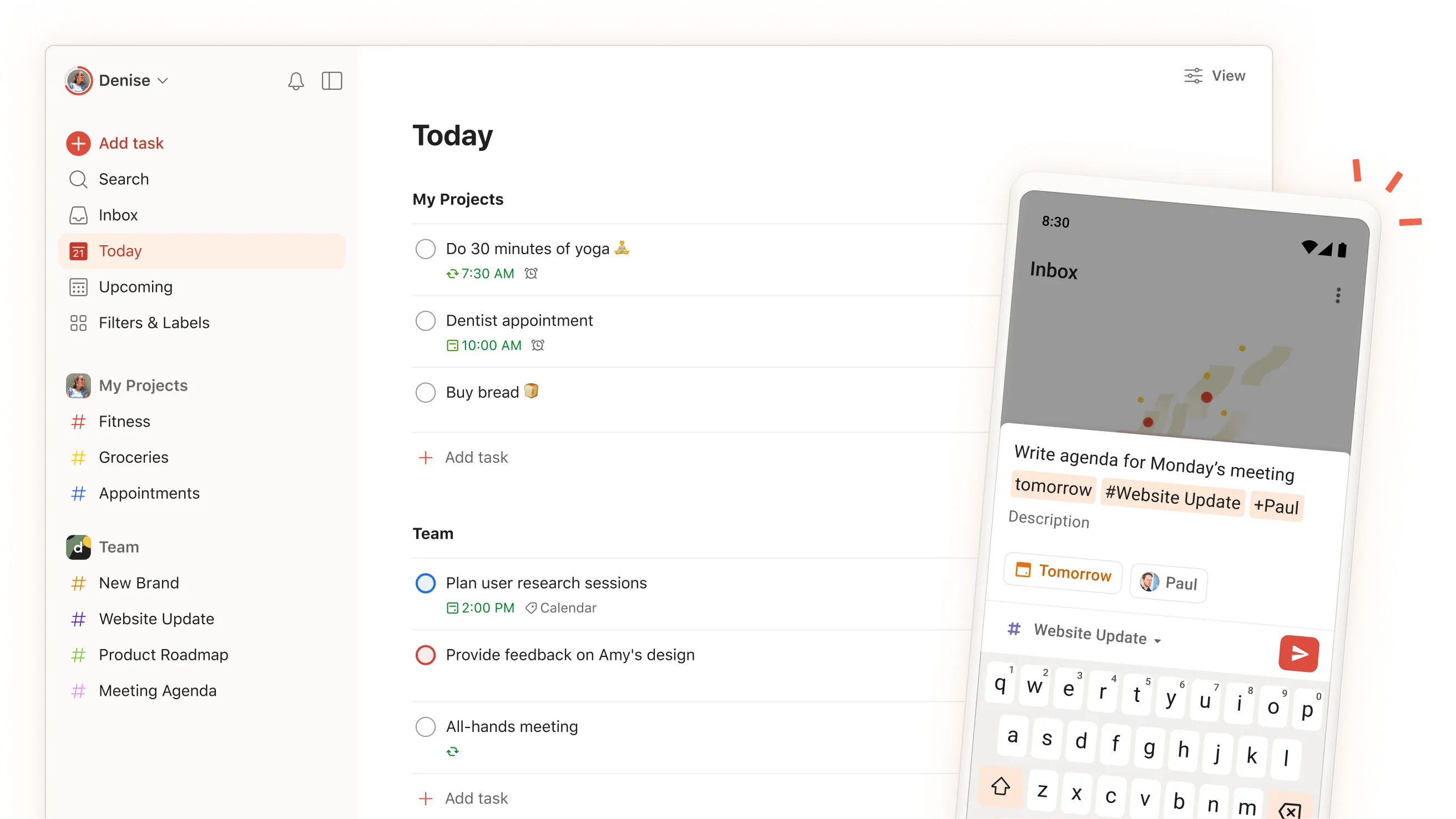 Todoist app interface showing daily tasks, projects, and team sections with a mobile view of task entry screen.